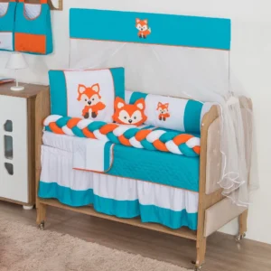 Kit Para Berço Padrão Americano Raposa Azul Turquesa 10 Peças