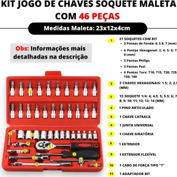 Kit Chaves Jogo Catraca Reversível Soquetes 46 Peças + Maleta - Imagem 3