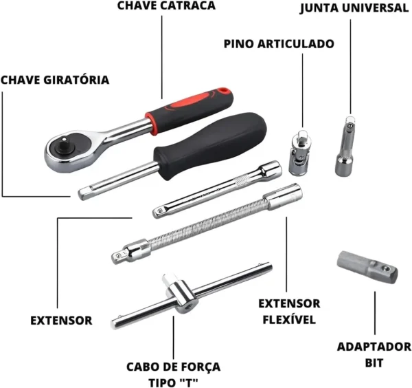 Kit Chaves Jogo Catraca Reversível Soquetes 46 Peças + Maleta - Imagem 9