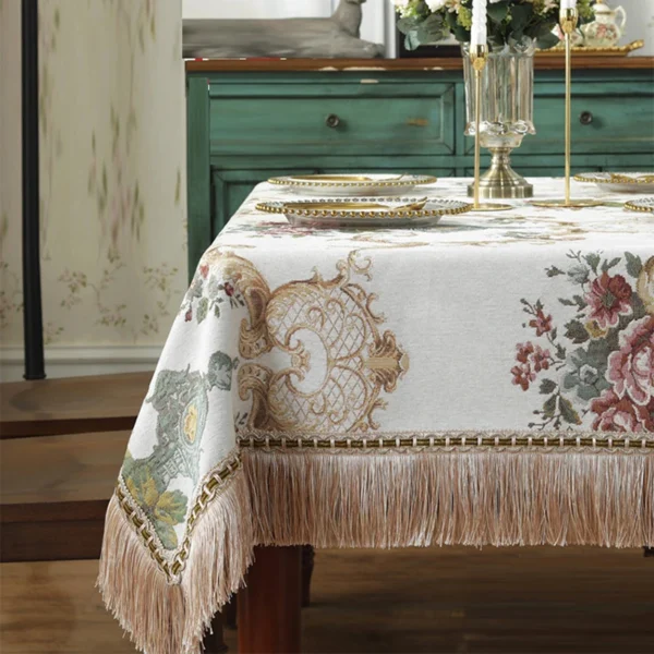 toalha de mesa jantar com borla luxo bordado capa flor elegante pano de mesa decoração sala estar - Imagem 2