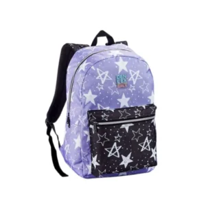 Mochila Escolar Denlex com Bolso Frontal Grande Lilás Preto Estrelado Resistente Reforçada