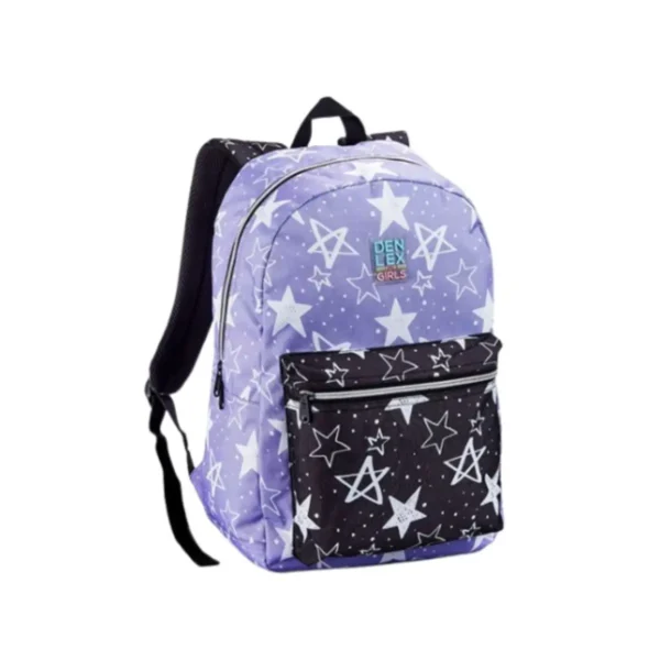 Mochila Escolar Denlex com Bolso Frontal Grande Lilás Preto Estrelado Resistente Reforçada