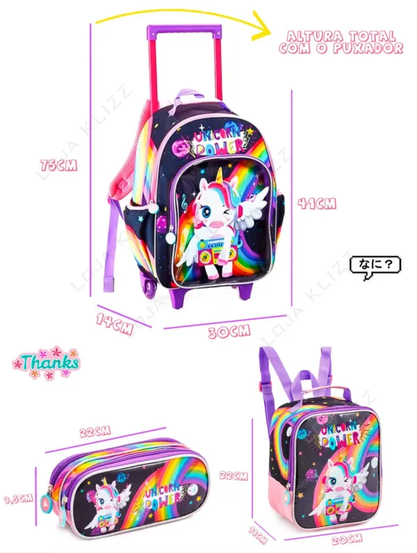 Mochila de Rodinhas Escolar Infantil 3 Peças Unicórnio Power - Imagem 2