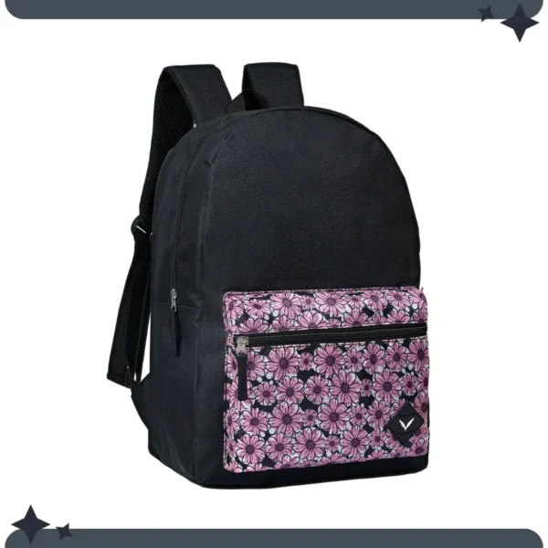 Mochila Escolar Juvenil Preta Clássica Fundamental Colegial Médio Bolso Frontal Estampada Flor Rosa - Imagem 5