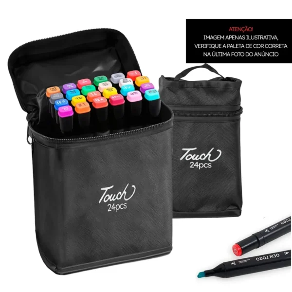 Kit Canetinhas 24 Coreos Ponta Dupla + Estojo Desenho Escolar - Imagem 5