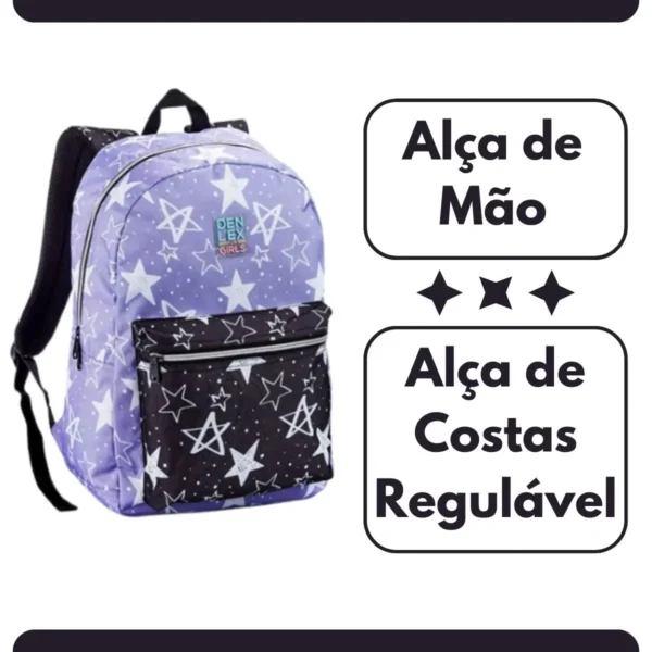 Mochila Escolar Denlex com Bolso Frontal Grande Lilás Preto Estrelado Resistente Reforçada - Imagem 3