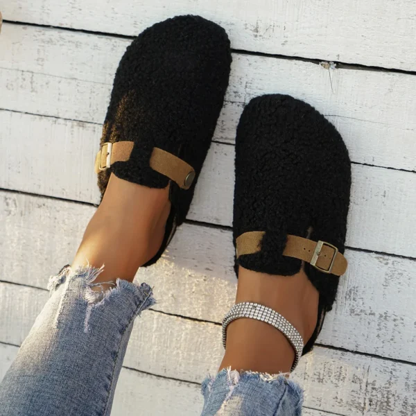 Mulheres chinelos mules pele sapatos femininos inverno nova fivela - Imagem 4