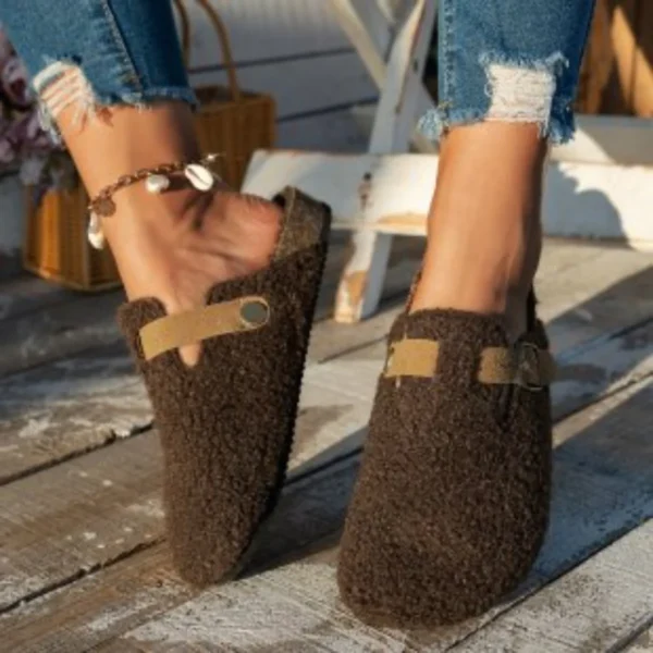 Mulheres chinelos mules pele sapatos femininos inverno nova fivela - Imagem 2