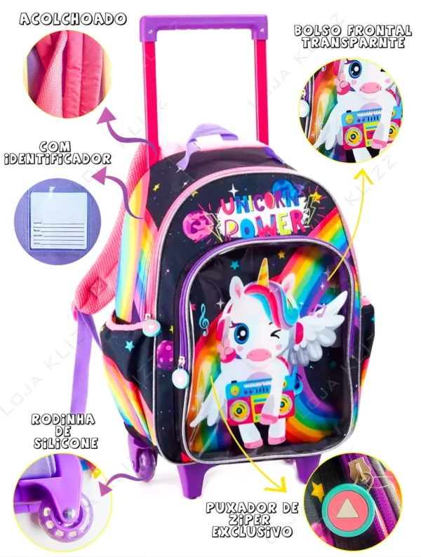 Mochila de Rodinhas Escolar Infantil 3 Peças Unicórnio Power - Imagem 3