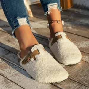 Mulheres chinelos mules pele sapatos femininos inverno nova fivela