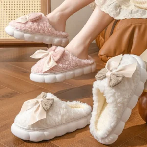 Inverno quente chinelos de pele para mulheres bonito arco casa antiderrapante