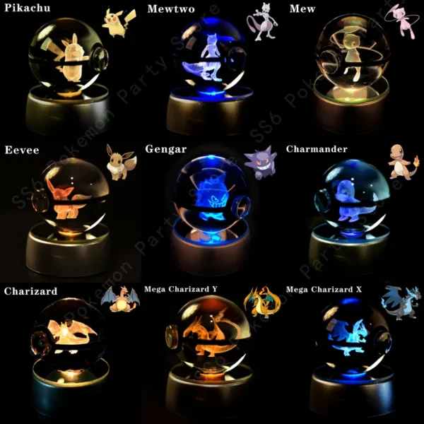 Pokémon Crystal Ball com Base de Lâmpada 3D, Pikachu, Gengar, Mew, Mewtwo, Pokeball, Glass Ball, Night Light, Birthday Gift - Imagem 2