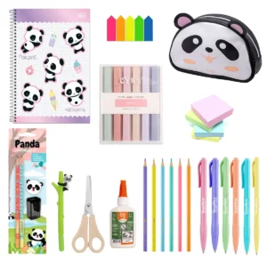Kit Papelaria Panda Escolar Caderno Estojo Caneta