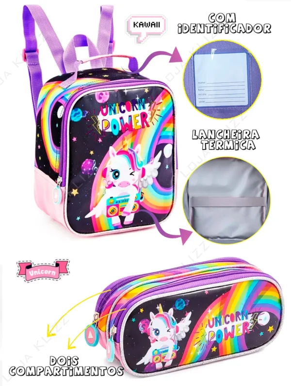 Mochila de Rodinhas Escolar Infantil 3 Peças Unicórnio Power - Imagem 4