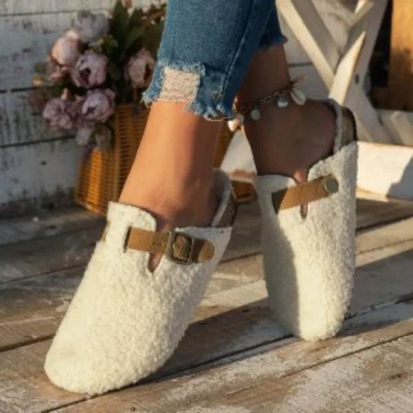 Mulheres chinelos mules pele sapatos femininos inverno nova fivela - Imagem 7
