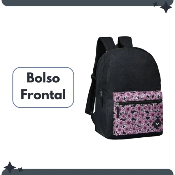 Mochila Escolar Juvenil Preta Clássica Fundamental Colegial Médio Bolso Frontal Estampada Flor Rosa - Imagem 2