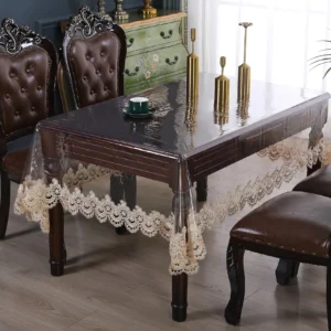 Toalha de mesa impermeável pvc transparente macio laço branco bordado à prova de óleo