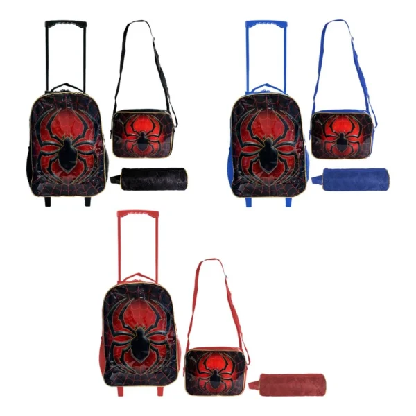 Kit Mochila Infantil Escolar com 3 peças De Aranha Vermelho, Azul e Preto