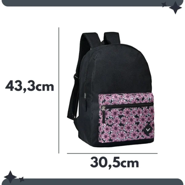 Mochila Escolar Juvenil Preta Clássica Fundamental Colegial Médio Bolso Frontal Estampada Flor Rosa - Imagem 4