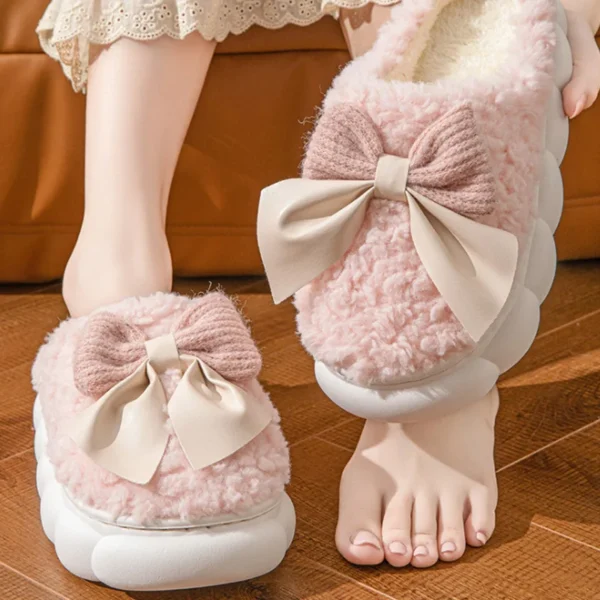 Inverno quente chinelos de pele para mulheres bonito arco casa antiderrapante - Imagem 2