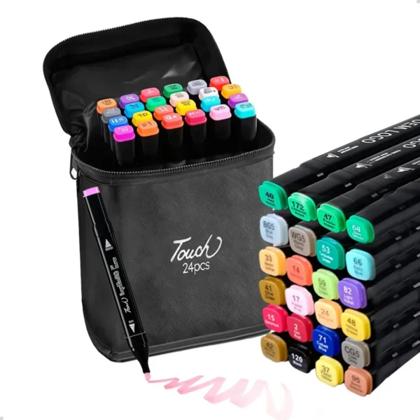 Kit Canetinhas 24 Coreos Ponta Dupla + Estojo Desenho Escolar