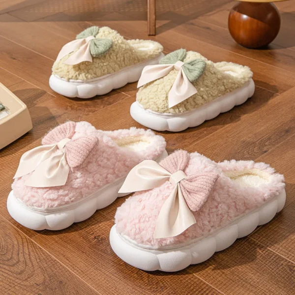 Inverno quente chinelos de pele para mulheres bonito arco casa antiderrapante - Imagem 7