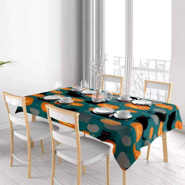 Toalha de mesa de Halloween com estampa de abóboras de gatos para decoração - Imagem 3