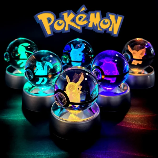 Pokémon Crystal Ball com Base de Lâmpada 3D, Pikachu, Gengar, Mew, Mewtwo, Pokeball, Glass Ball, Night Light, Birthday Gift