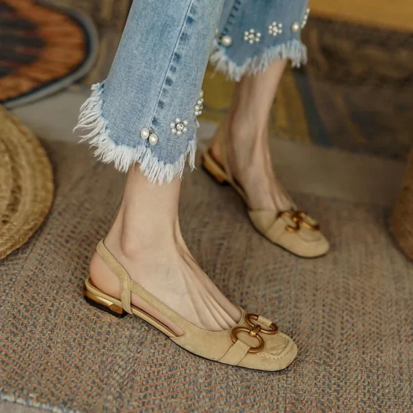 Sandálias femininas retrô moda sapatos de salto baixo estilingue camurça - Imagem 11
