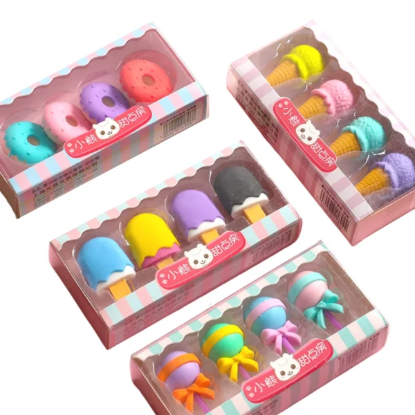 4 Peças Borrachas Kawaii Desenhos Animados Sobremesa Escola Borracha Papelaria