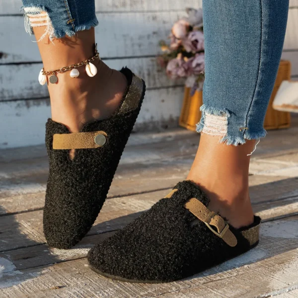 Mulheres chinelos mules pele sapatos femininos inverno nova fivela - Imagem 5