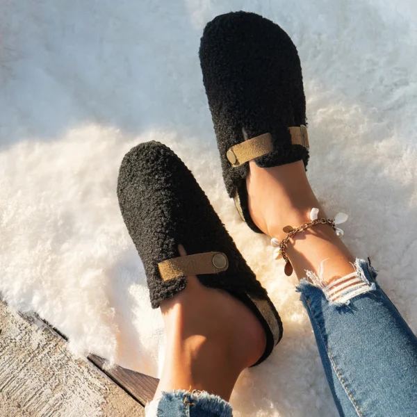 Mulheres chinelos mules pele sapatos femininos inverno nova fivela - Imagem 3
