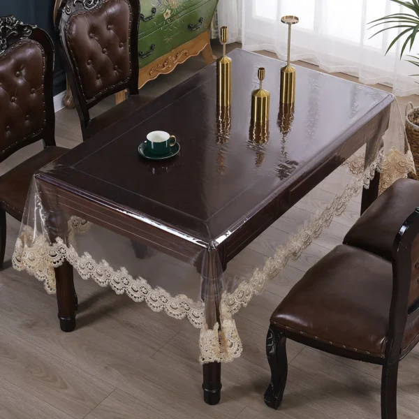 Toalha de mesa impermeável pvc transparente macio laço branco bordado à prova de óleo - Imagem 6