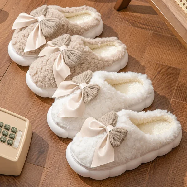 Inverno quente chinelos de pele para mulheres bonito arco casa antiderrapante - Imagem 5