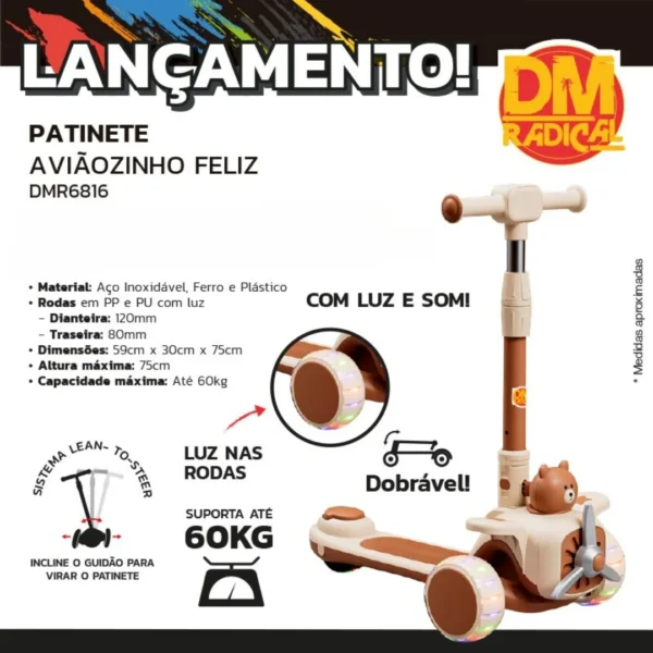Patinete Aviãozinho Feliz Infantil 3 Rodas Dobrável com Luz Led Som DM Toys - Imagem 5
