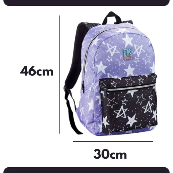 Mochila Escolar Denlex com Bolso Frontal Grande Lilás Preto Estrelado Resistente Reforçada - Imagem 4