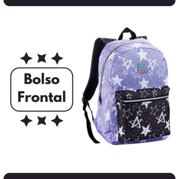 Mochila Escolar Denlex com Bolso Frontal Grande Lilás Preto Estrelado Resistente Reforçada - Imagem 2