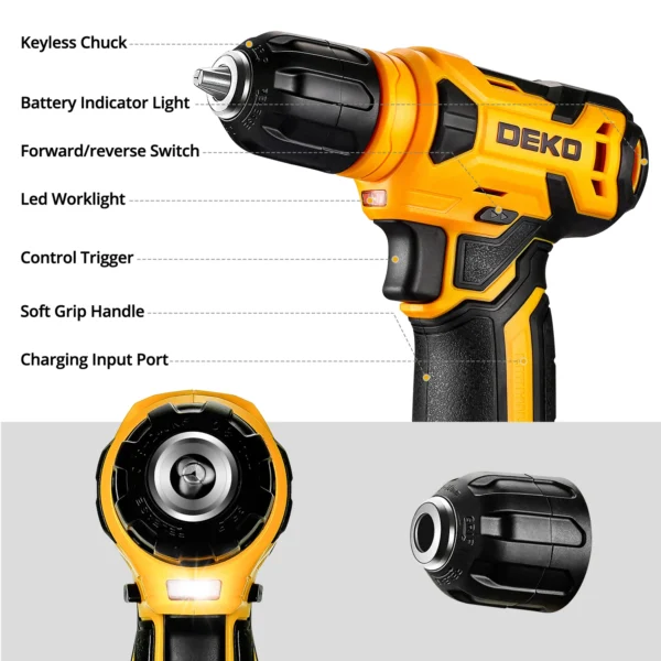 Kits combinados de ferramentas elétricas DEKO DKMT126 com furadeira sem fio de 8V, kits de ferramentas manuais DIY domésticas, mandril sem chave de 10MM 3/8 '' - Imagem 4