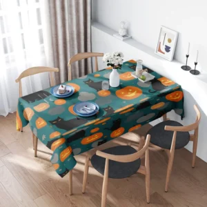Toalha de mesa de Halloween com estampa de abóboras de gatos para decoração