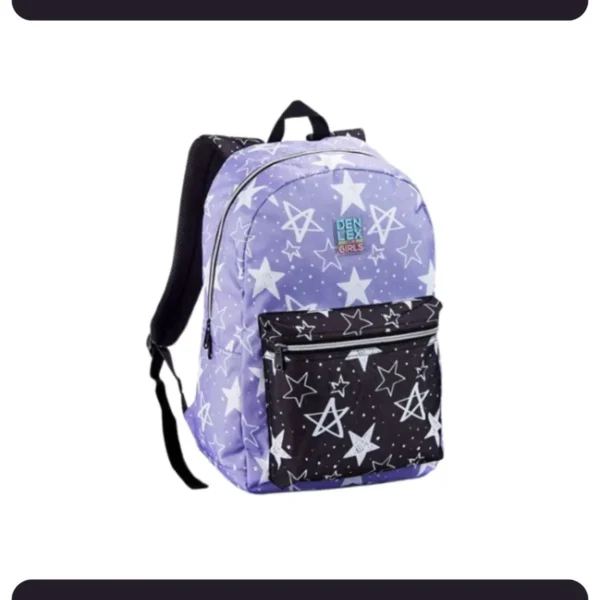Mochila Escolar Denlex com Bolso Frontal Grande Lilás Preto Estrelado Resistente Reforçada - Imagem 5