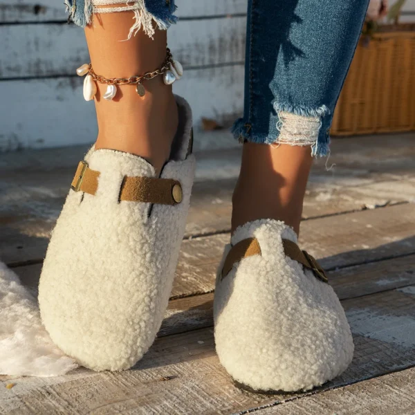 Mulheres chinelos mules pele sapatos femininos inverno nova fivela - Imagem 6