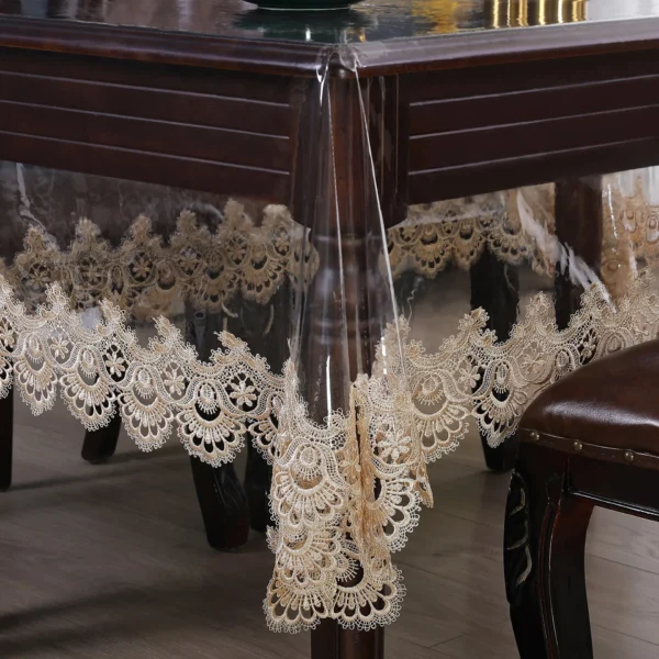 Toalha de mesa impermeável pvc transparente macio laço branco bordado à prova de óleo - Imagem 4