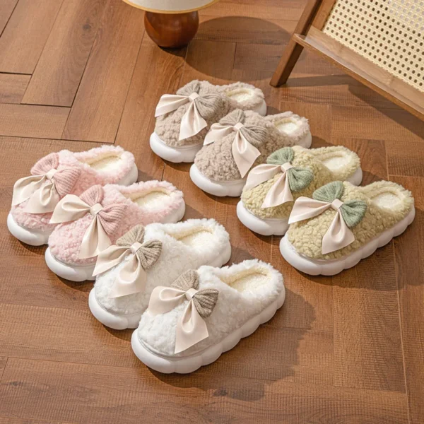 Inverno quente chinelos de pele para mulheres bonito arco casa antiderrapante - Imagem 6