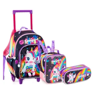 Mochila de Rodinhas Escolar Infantil 3 Peças Unicórnio Power