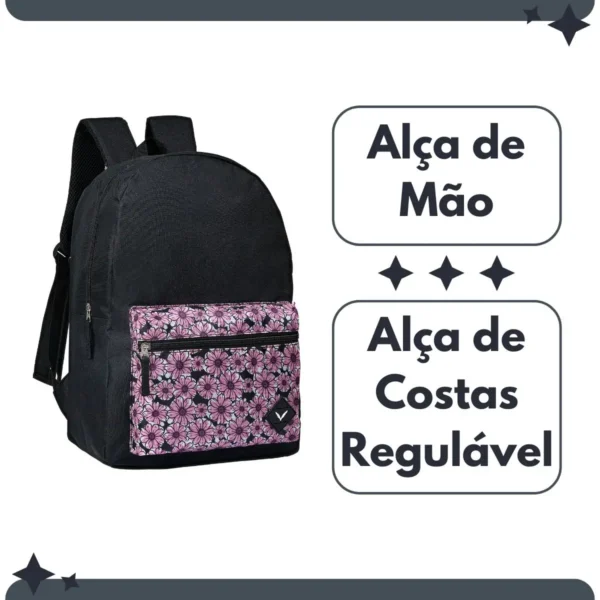 Mochila Escolar Juvenil Preta Clássica Fundamental Colegial Médio Bolso Frontal Estampada Flor Rosa - Imagem 3