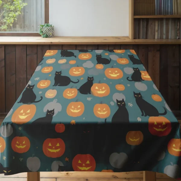 Toalha de mesa de Halloween com estampa de abóboras de gatos para decoração - Imagem 4