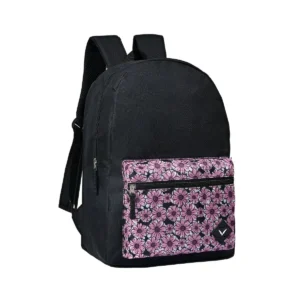 Mochila Escolar Juvenil Preta Clássica Fundamental Colegial Médio Bolso Frontal Estampada Flor Rosa