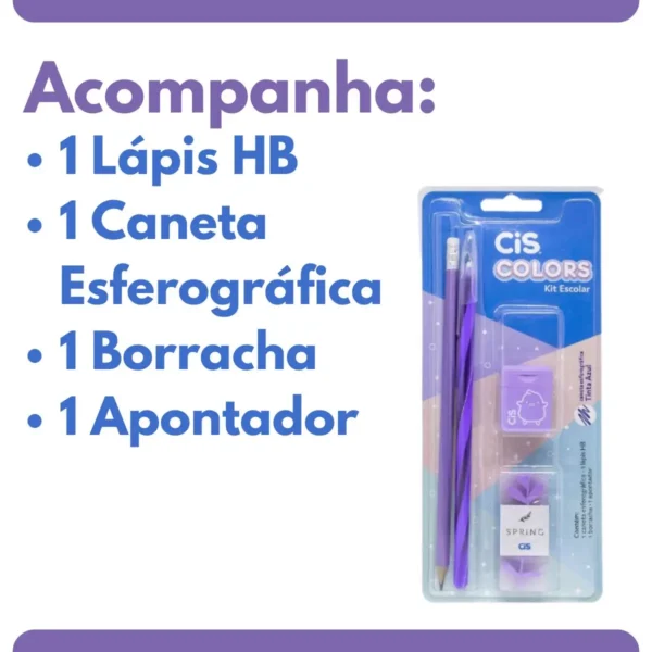 Kit Material Escolar Lilás CiS Colors Lápis Caneta Borracha Apontador - Imagem 3
