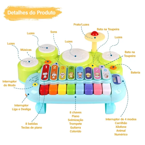 BrinquedosMusicais para Bebês Conjunto de Piano, Xilofone e Bateria 3 em 1 - Imagem 3